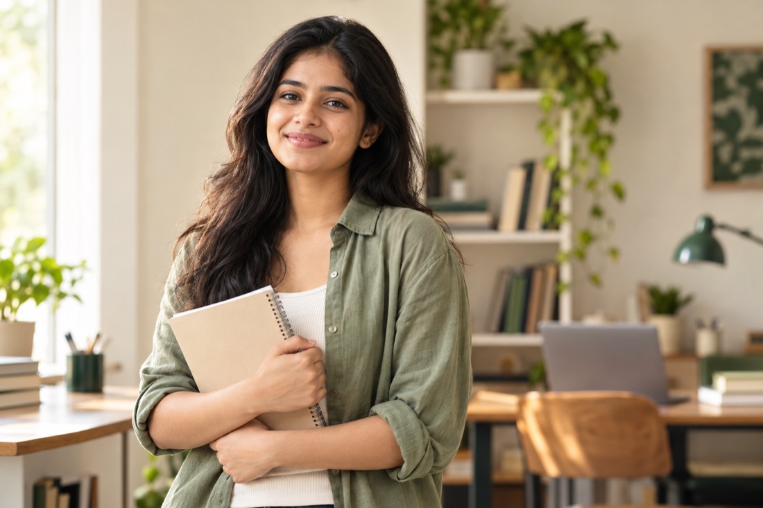 A smiling student holding a notebook